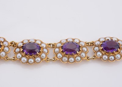 Lot 158 - A 9ct gold amethyst and pearl bracelet