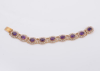 Lot 158 - A 9ct gold amethyst and pearl bracelet
