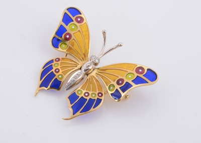 Lot 163 - A continental 18ct gold diamond and enamel plique a jour butterfly brooch
