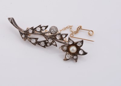 Lot 234 - An Edwardian diamond and pearl set flower head and stem brooch