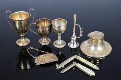 Lot 398 - Seven Victorian and later silver collectable items and a small trumpet whistle