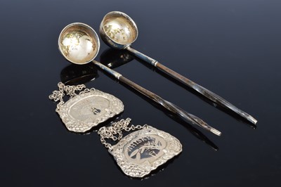 Lot 434 - A pair of George III small silver toddy ladles by Elizabeth Morley and a pair of Art Deco period silver decanter labels by Henry George Murphy