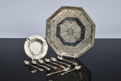 Lot 463 - A vintage Indian octagonal tray and ashtray and eight coffee spoons