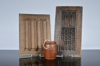 Lot 523 - Two 17th century carved oak panels and a later treen string dispenser