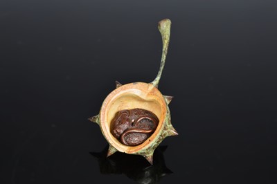Lot 570 - A cute cold painted bronze sculpture of a mouse in a conker