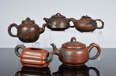 Lot 581 - Five reproduction Chinese terracotta Yixing style tea pots