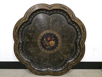 Lot 701 - A large Victorian Aesthetic period black and gilt paper mache and lacquered tray by Jennings & Bettridge