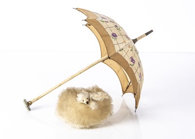 Lot 1225 - A doll’s mohair fox head muff and parasol