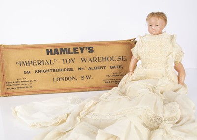 Lot 1244 - A Pierotti for Hamley’s poured wax doll in rare Hamley’s Imperial Toy Warehouse box with provenance
