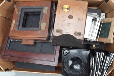 Lot 607 - Mahogany & Brass Camera Parts & Film Holders