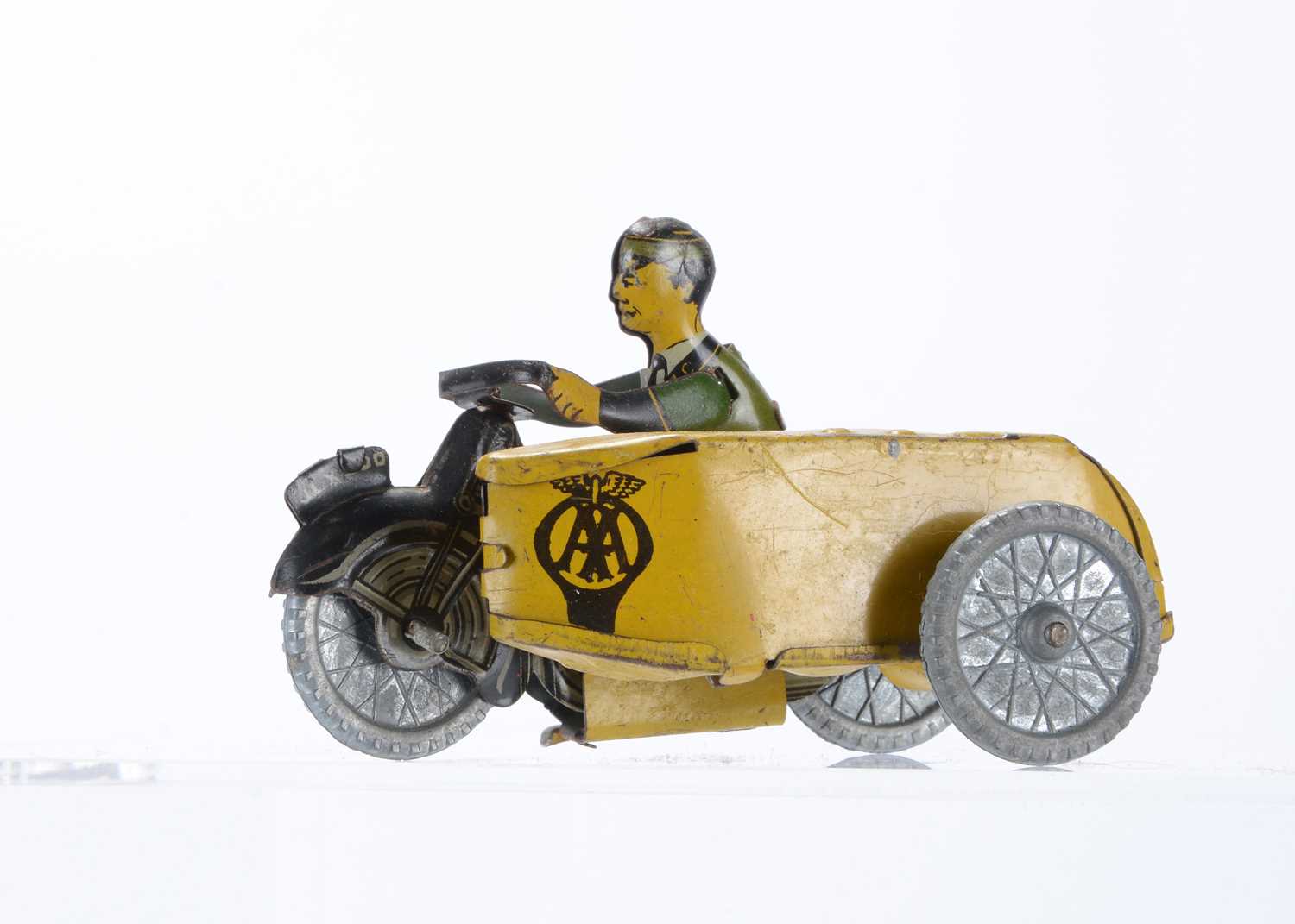 Lot 296 - A Mettoy Tinplate Clockwork AA Motorcycle With Sidecar No.3022BA