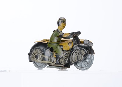 Lot 296 - A Mettoy Tinplate Clockwork AA Motorcycle With Sidecar No.3022BA