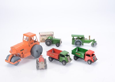 Lot 342 - Tri-ang Minic post-war clockwork Tin Construction vehicles and a larger scale steam roller (6)