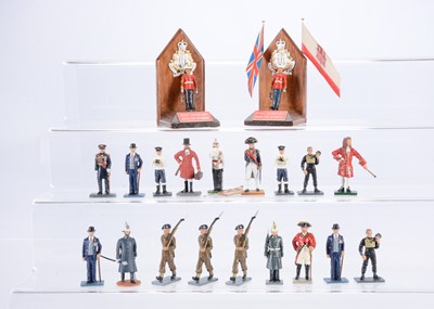 Lot 542 - Gibraltar-themed military figures including rare Gibraltar Model Soldier Society figures comprising Tradition Port Sergeant Gibraltar Regiment (2) on Presentation stands (one complete with flags)