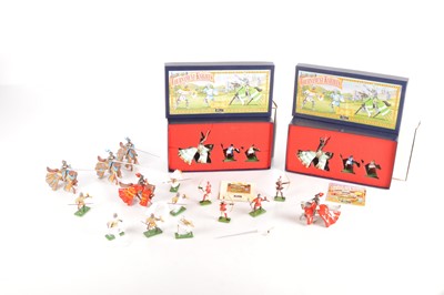 Lot 554 - Britains Made in China metal knights comprising boxed set 08764 (2) Foot Knights with Pole-Axes & Mounted Knight with Sword