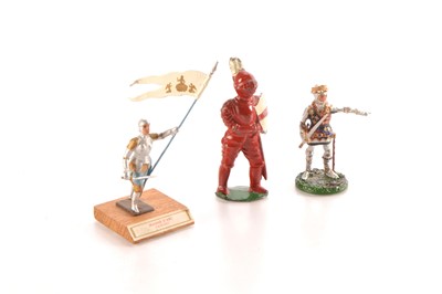 Lot 565 - Foot knight figures by various makers comprising Mignot Joan of Arc (Jeanne d'Arc) with Jesu Maria banner