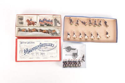 Lot 619 - Modern solid metal copies of Britains Naval landing party sets comprising set 28 Mountain Artillery in repro box