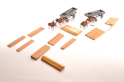 Lot 622 - Britains loose sets 203 Royal Engineers Pontoon Section comprising one breast harness and one collar harness version complete with pontoon boats and wooden roadway planks (6)