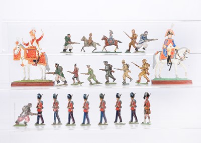 Lot 632 - Selection of pressed tin soldier figures by various makers comprising Chad Valley single-sided marching British guards (8)