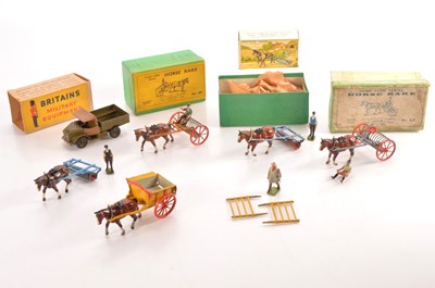 Lot 657 - Britains boxed horse-drawn farm vehicles comprising 4F Tumbrel Cart complete with all accessories