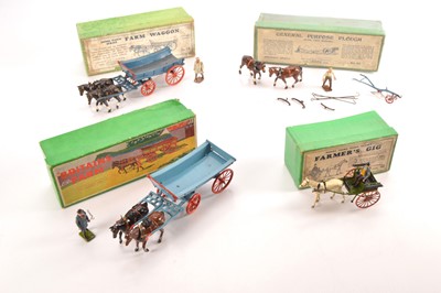 Lot 658 - Britains boxed horse-drawn farm vehicles and implements comprising 5F Farm Waggon (2) in different box versions complete with drovers
