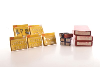 Lot 260 - Hornby-Dublo 00 Gauge 2/3 Rail three boxed plastic Engine Shed Extension kits boxed containers and Lineside Gradient Posts and Linesides Notices (12)