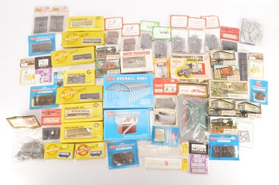 Lot 309 - Ratio Cooper Craft  Peco and Airfix 00 Gauge unmade Wagon and Coach Kits and Building and Accessories Kits (50)