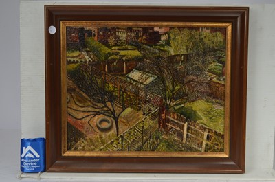 Lot 111 - Signed oil painting of suburban back gardens