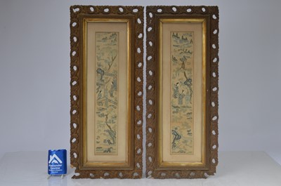 Lot 119 - Pair of oriental tapestries in intricate carved wood frames