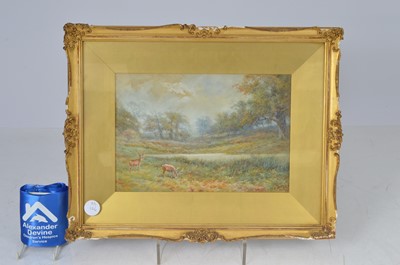 Lot 126 - Signed watercolour of deer in woodland glade
