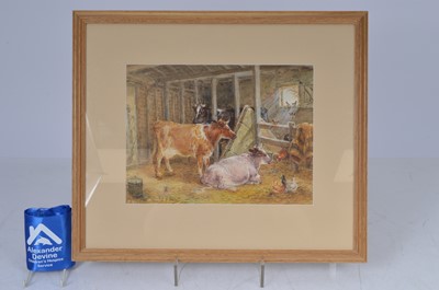 Lot 127 - Signed watercolour dated 1906 of cattle and hens in a byre
