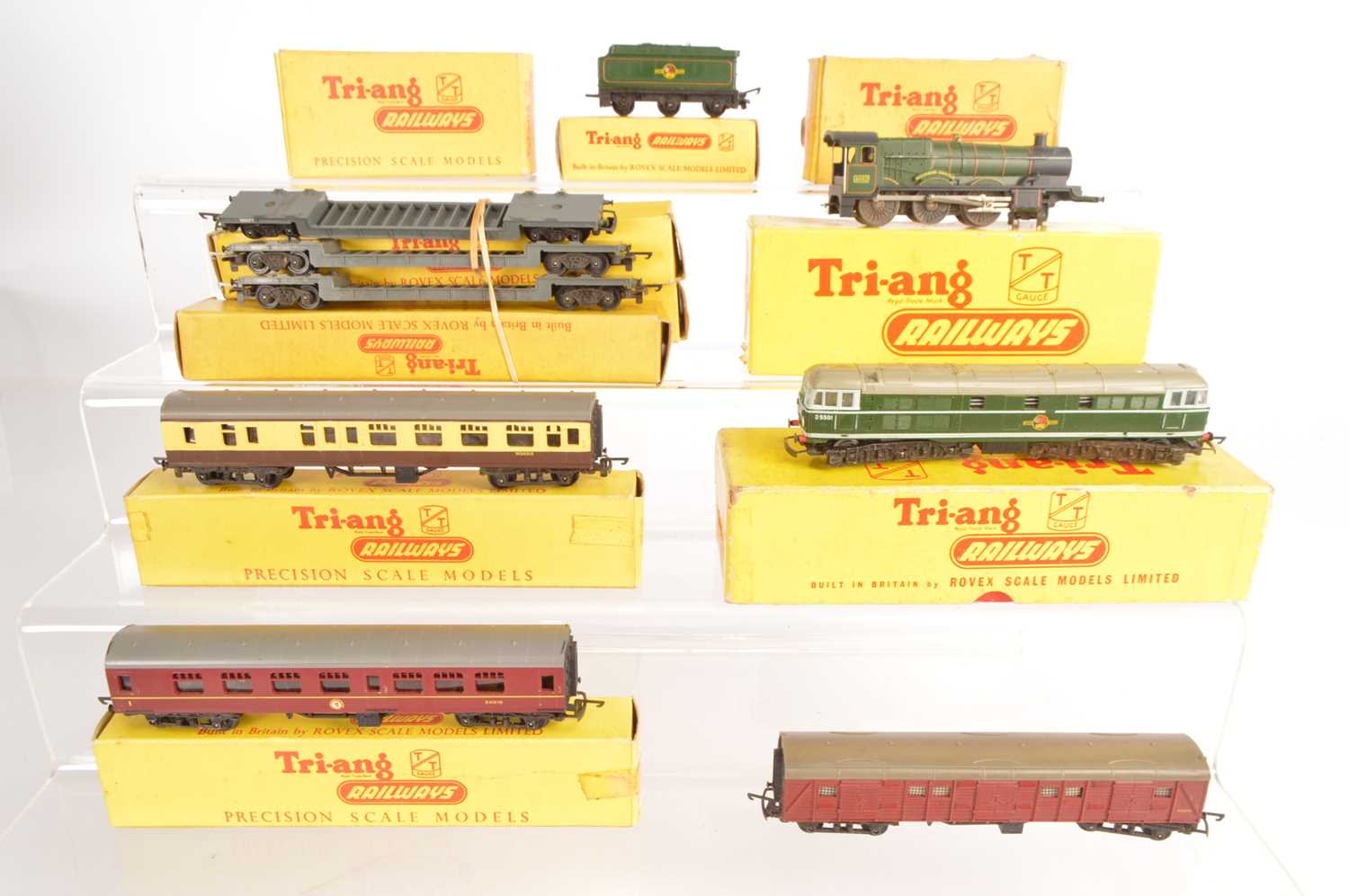 Lot 6 - Tri-and TT Gauge boxed Steam and Diesel Locomotives and Passenger and Goods Rolling Stock Signal Box and unboxed Utility Van  (11)