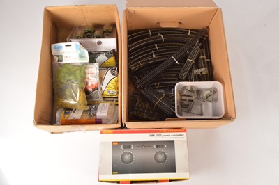 Lot 65 - Hornby 00 gauge  assorted track with a controller and other Scenic materials (qty in 2 boxes)