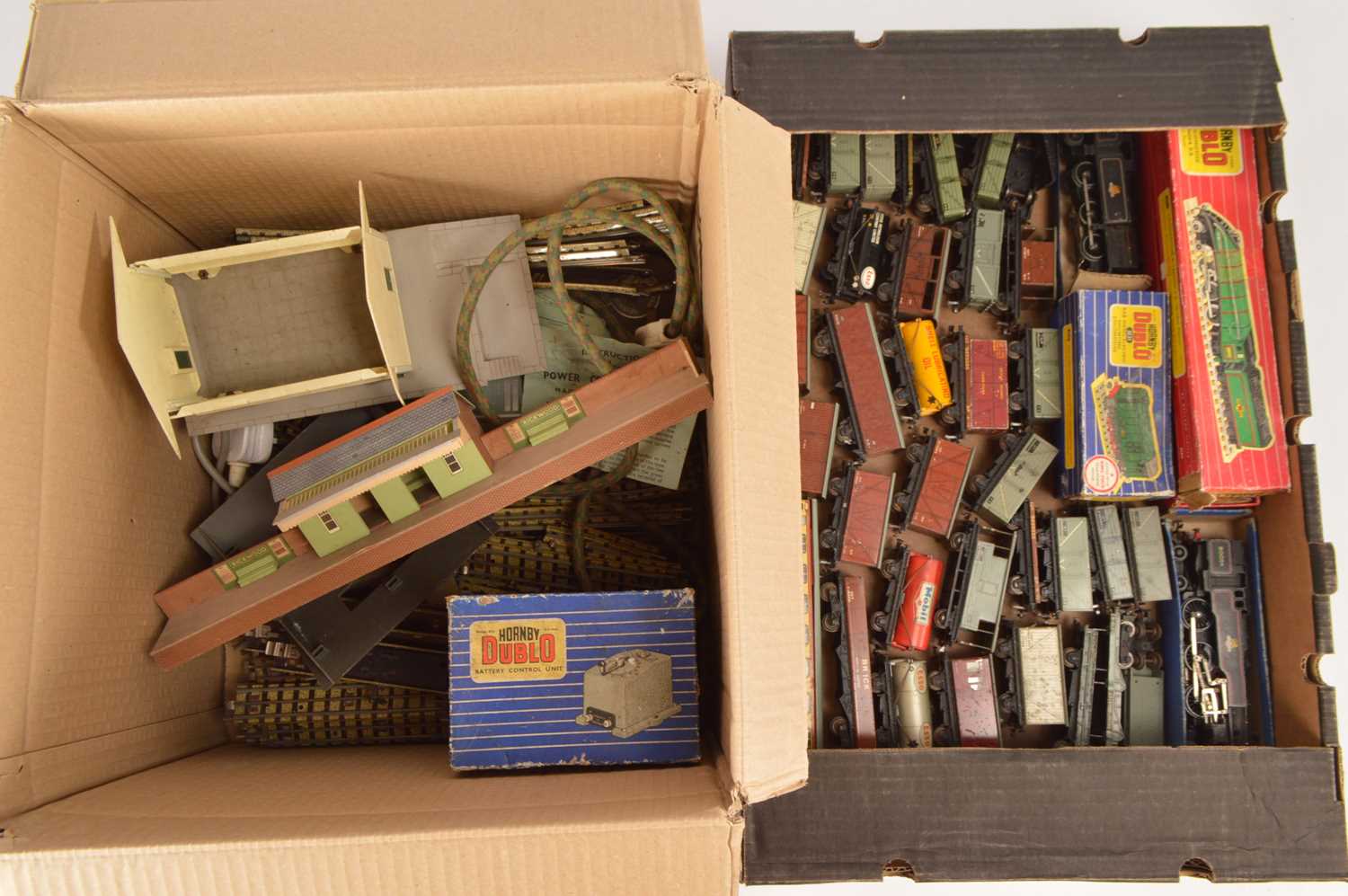Lot 113 - Hornby-Dublo 00 gauge 3 rail Locomotive coaches and wagons with track and controllers (qty in 2 boxes)