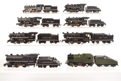 Lot 184 - Trix HO Gauge black American outline Steam Locomotives and Tenders including a modified green 0-4-0 (8)