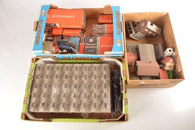 Lot 199 - Playcraft 00/HO Gauge boxed  Rolling Stock and Accessories two British Outline 4-Road Engine Sheds various Continental Buildings and quantity of mainly Straight  Track (qty in three boxes)