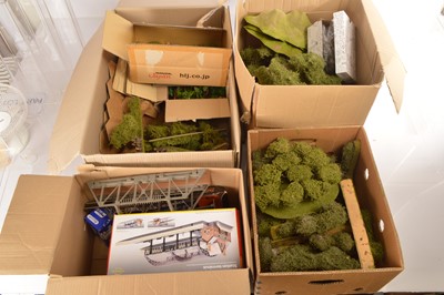 Lot 228 - 00/H0 gauge Scenic Diorama components trees and buildings (qty in 4 boxes)