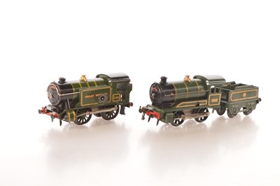 Lot 417 - Hornby 0 Gauge pair of GWR Green Clockwork Locomotives (2) 
