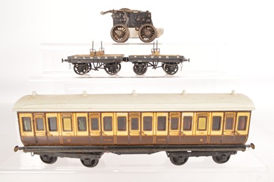 Lot 618 - Gauge 1 Marklin LNWR 1st & 3rd Class Coach No. 1153 with Single Bolster wagons & clockwork mechanism (3)