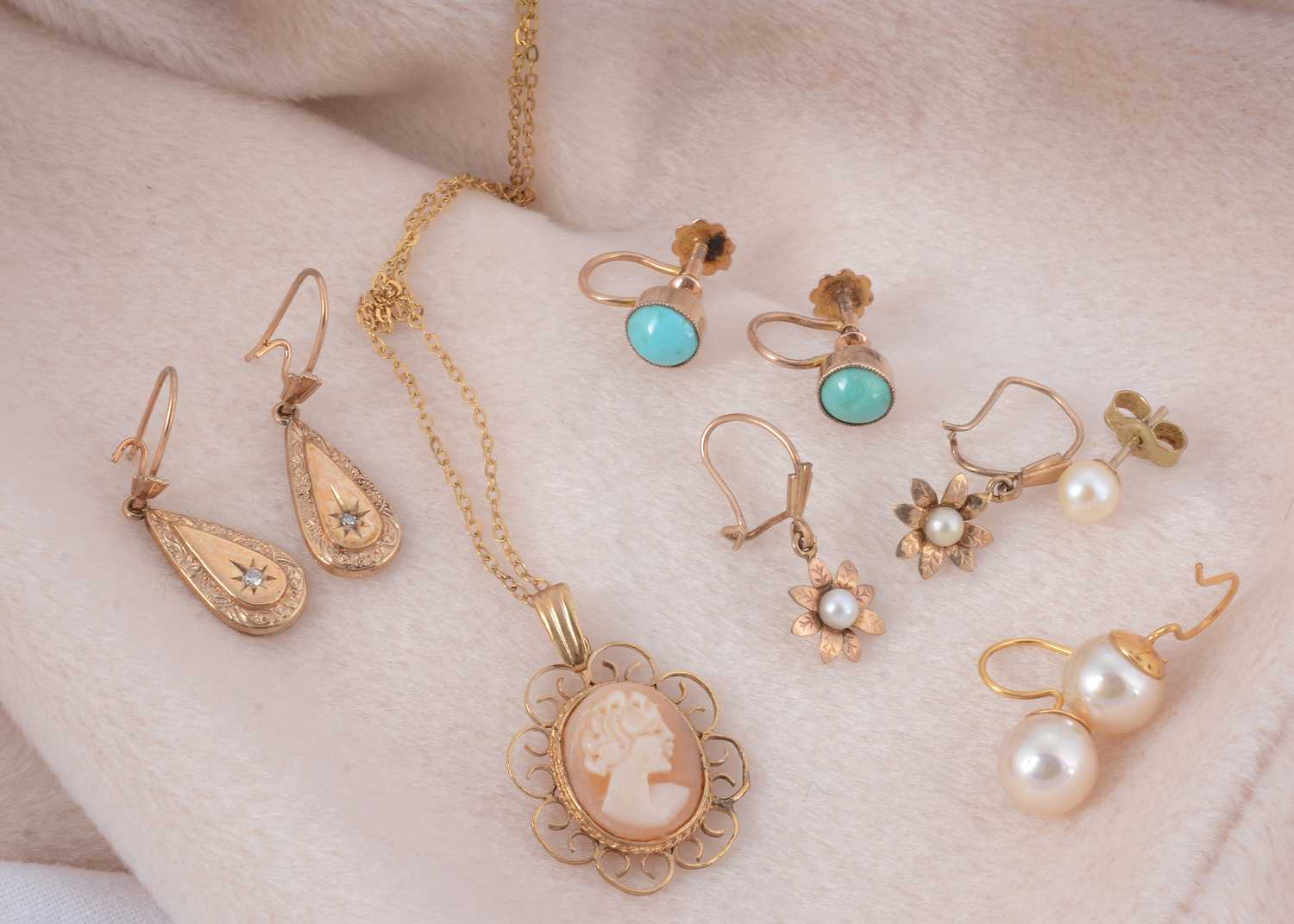 Lot 4 - A collection of pearl, turquoise stud and drop earrings