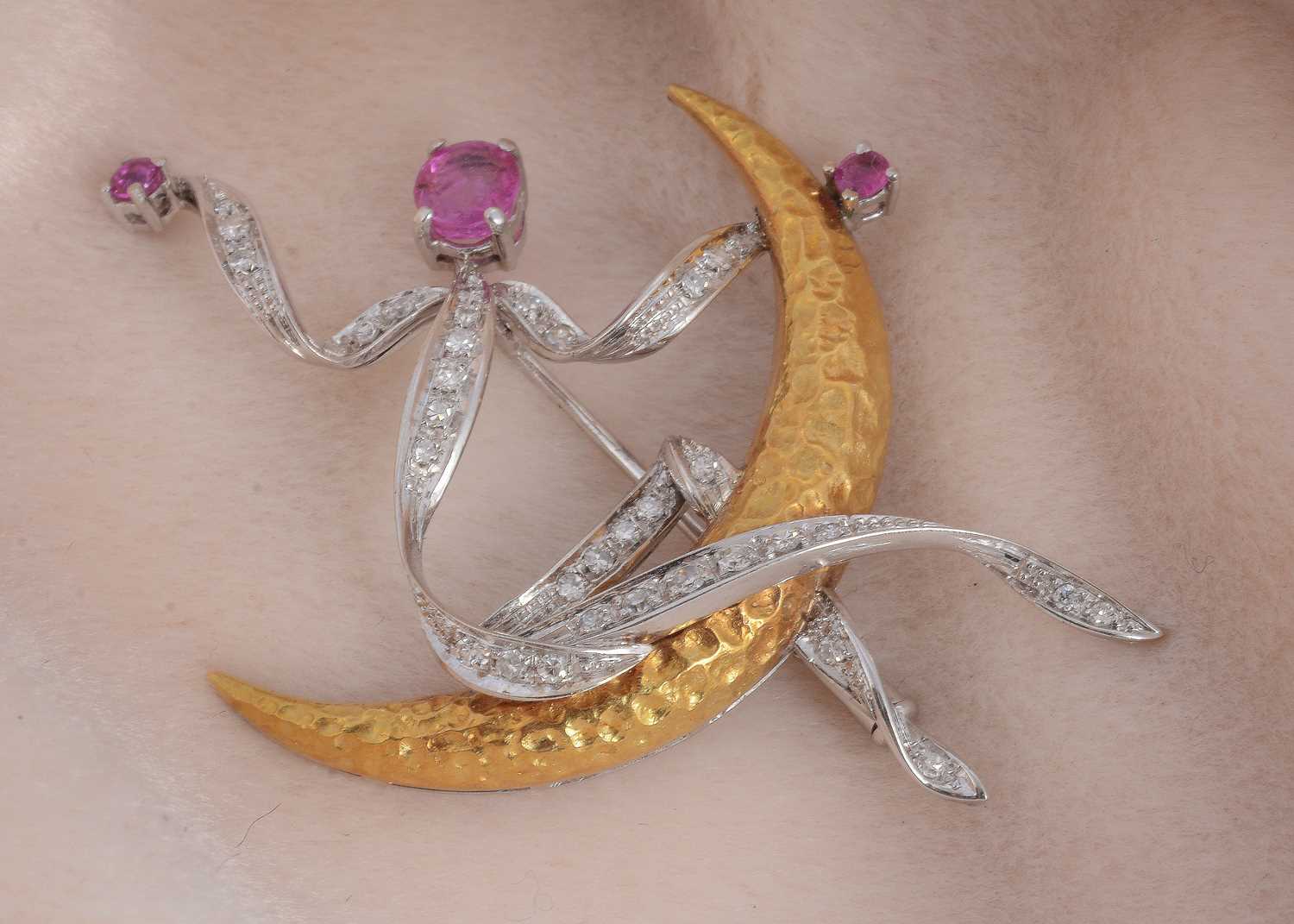 Lot 53 - An Italian 18ct gold ruby and diamond crescent moon and figure brooch