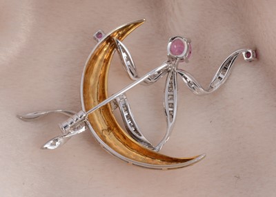 Lot 53 - An Italian 18ct gold ruby and diamond crescent moon and figure brooch