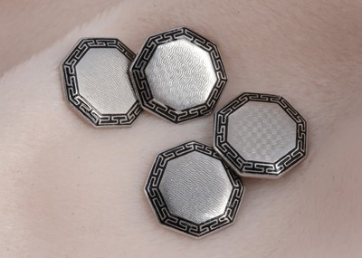 Lot 59 - A pair of platinum octagonal and enamel cufflinks