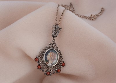 Lot 65 - An Austro Hungarian filigree framed renaissance style portrait miniature pendant drop