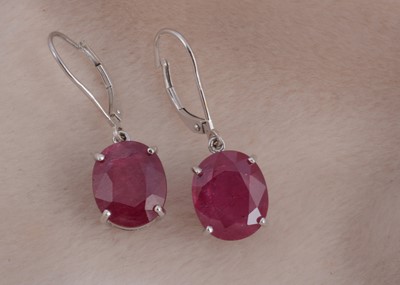 Lot 95 - A pair of 18ct gold ruby drop earrings