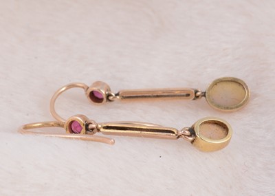 Lot 188 - A pair of moonstone and ruby drop earrings