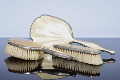 Lot 233 - An Art Deco silver and enamelled dressing table set by B.B.S Ltd