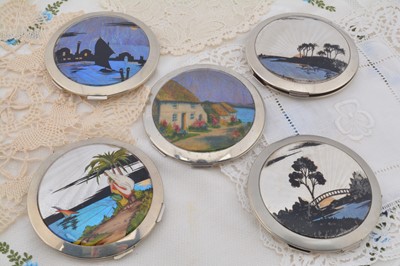 Lot 341 - Five 1930s chromed and butterfly wing decorated circular compacts