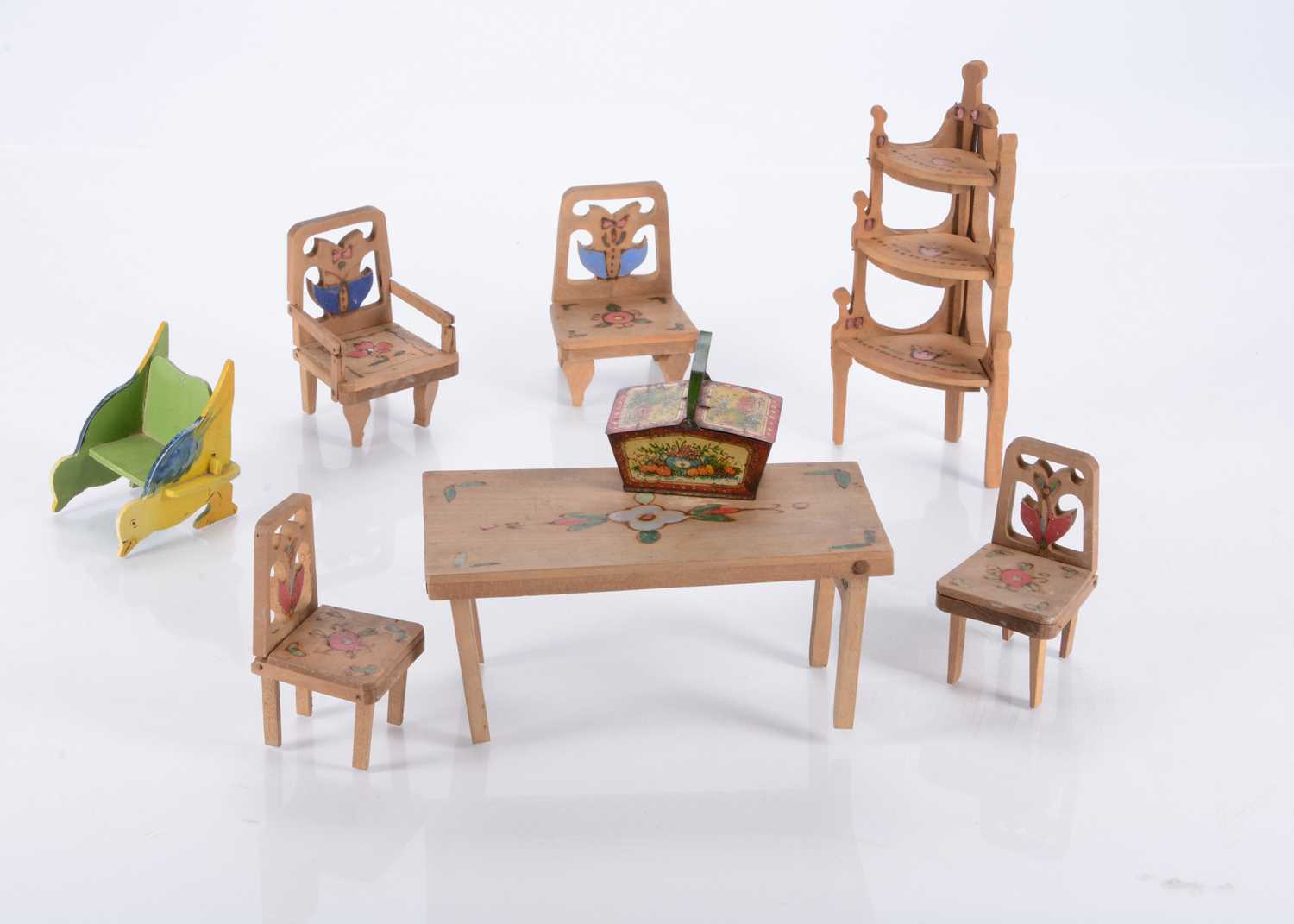 Lot 163 - Interesting patented pokerwork wood collapsable dolls’ house furniture