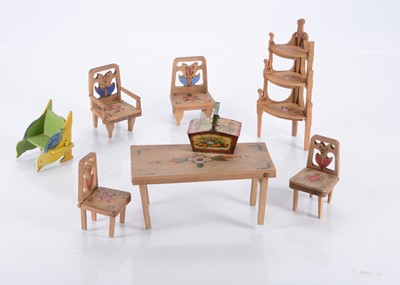 Lot 163 - Interesting patented pokerwork wood collapsable dolls’ house furniture